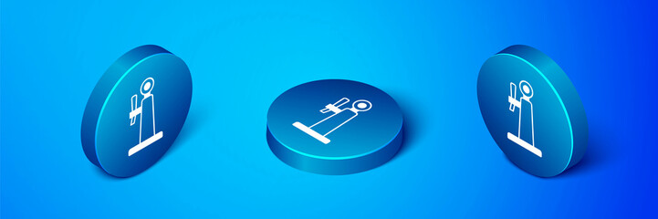 Isometric Beer tap icon isolated on blue background. Blue circle button. Vector