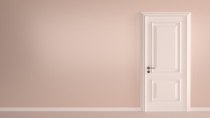 Closed white classic door isolated on bright cream background. Minimal room interior concept. Modern design, abstract metaphor, 3d rendering.
