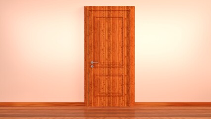 Closed wood classic door isolated on bright cream background. Minimal room interior concept. Modern design, abstract metaphor, 3d rendering.
