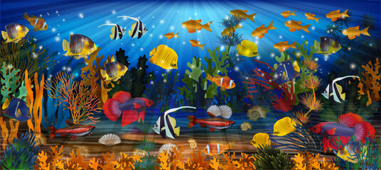 Underwater banner with tropical fish. vector illustration