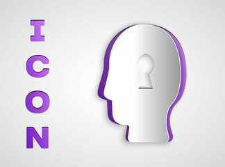 Paper cut Solution to the problem in psychology icon isolated on grey background. Key. Therapy for mental health. Paper art style. Vector