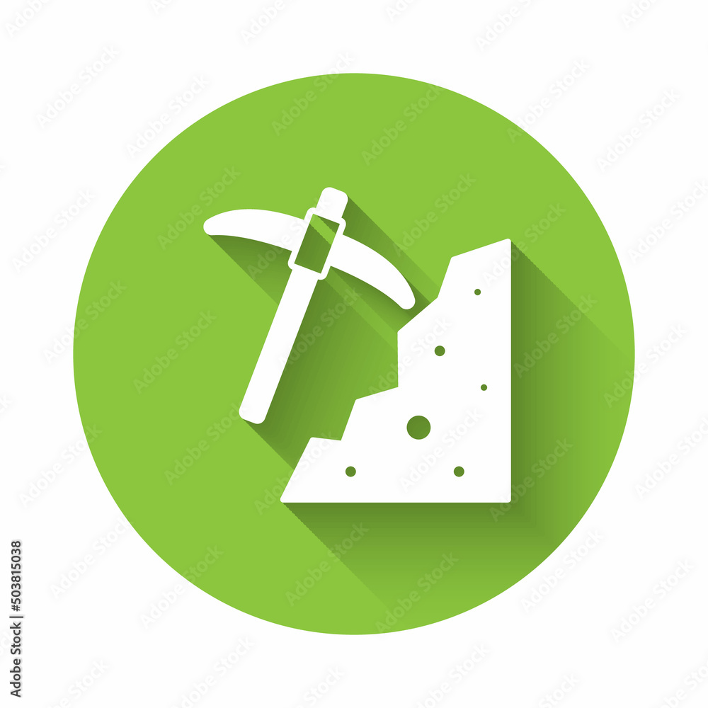 Poster white pickaxe icon isolated with long shadow background. green circle button. vector