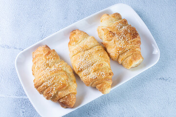 Gourmet cheese and sesame croissant, displayed on gray background
