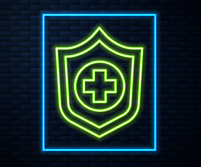 Glowing neon line Life insurance in hand icon isolated on brick wall background. Security, safety, protection, protect concept. Vector