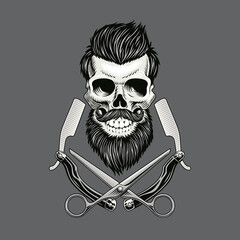 Breaded hipster skull with crossed razors and scissors. Vintage barbershop logo, icon or sign,  monochrome black and white vector illustration