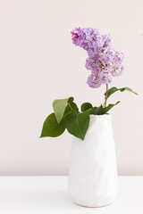 Lilac bouquet in ceramic jug against a white wall.