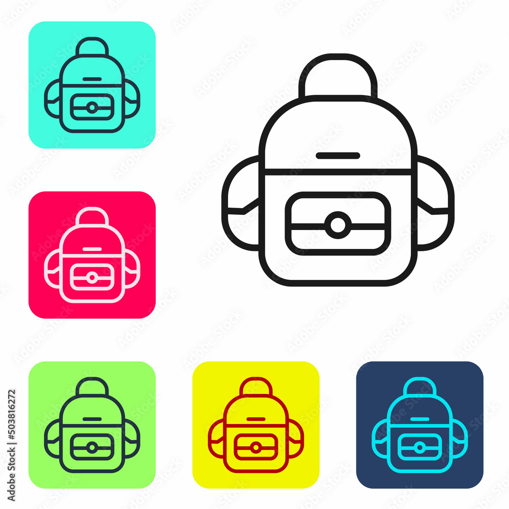 Poster black line school backpack icon isolated on white background. set icons in color square buttons. vec