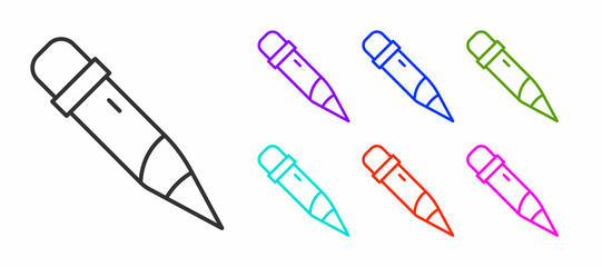 Black line Pencil with eraser icon isolated on white background. Drawing and educational tools. School office symbol. Set icons colorful. Vector