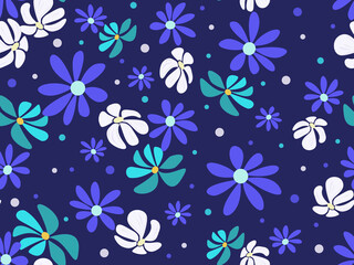 Seamless pattern with painted flowers on a blue background.