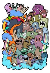Hand-drawn illustrations, monsters doodle, Hand Drawn cartoon monster illustration,Cartoon crowd doodle hand-drawn Doodle style.
