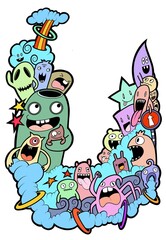 Hand-drawn illustrations, monsters doodle, Hand Drawn cartoon monster illustration,Cartoon crowd doodle hand-drawn Doodle style.