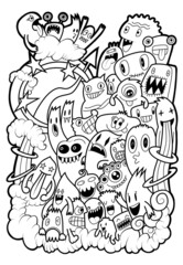 Hand-drawn illustrations, monsters doodle, Hand Drawn cartoon monster illustration,Cartoon crowd doodle hand-drawn Doodle style.black and white stripes coloring © ohhh_photo