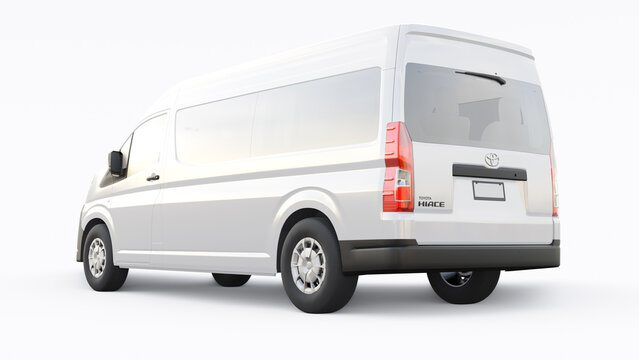 Tokyo, Japan. April 10, 2022: Toyota Hiace. White passenger minibus for transporting people in the city and beyond. on a white isolated background. 3d illustration