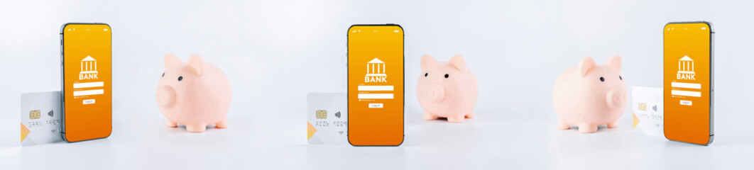 Online payment. Smartphone set with internet online bank application. Piggy bank with debit card on...
