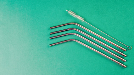 Ecological tableware made of natural materials.Plastic-free concept.Close-up.Copy space.Reusable metal cocktail straws.Concept zero waste.Zero waste and eco friendly ,plastic free concept.