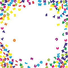 Falling letters of English language. Colorful flying words of Latin alphabet. Foreign languages study concept. Flawless back to school banner on white background.