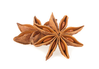 Star anise spice fruits and seeds isolated on white background closeup