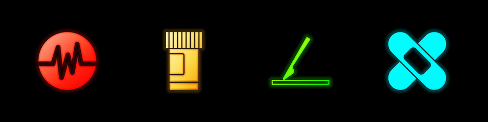 Set Heart rate, Medicine bottle and pills, Medical surgery scalpel and Crossed bandage plaster icon. Vector
