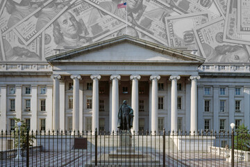 The United States of America USA Department of the Treasury building in Washington D.C. is shown superimposed over a collection of 100 dollar bills.