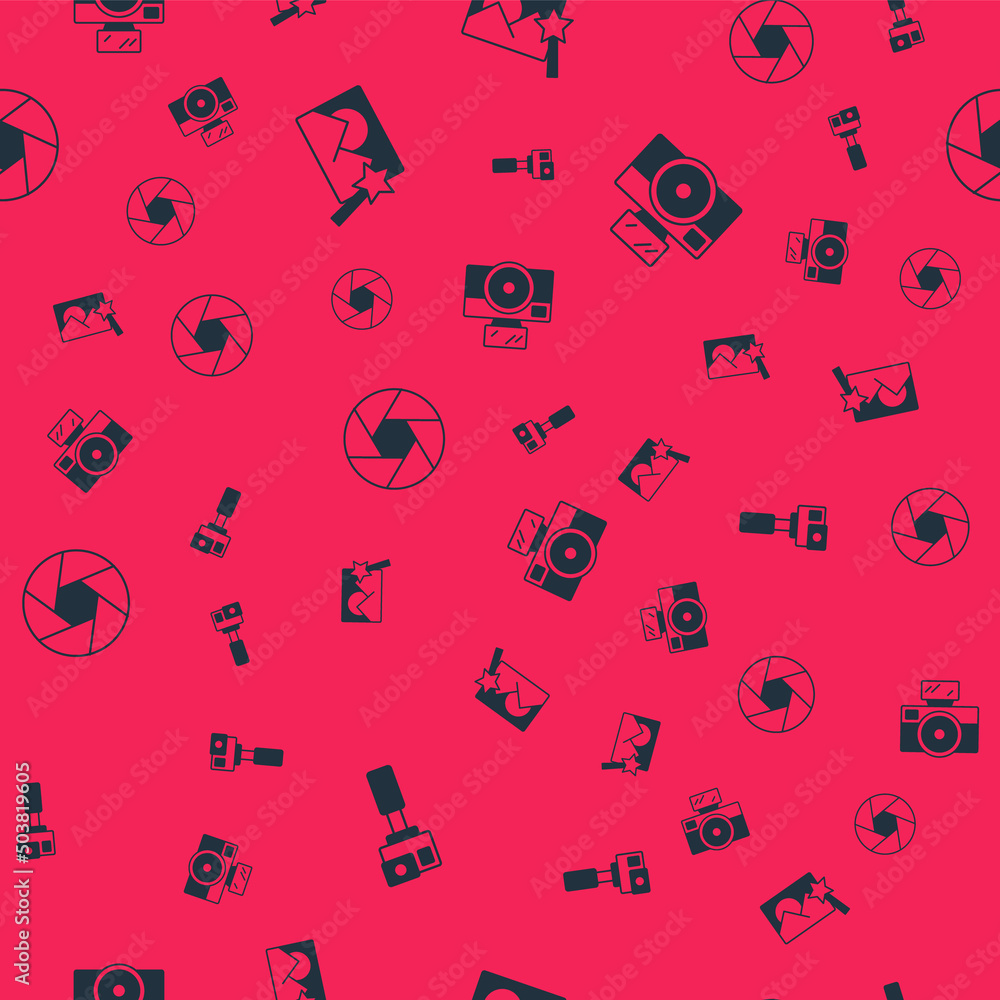 Aufkleber set action camera, photo retouching, camera shutter and with flash on seamless pattern. vector