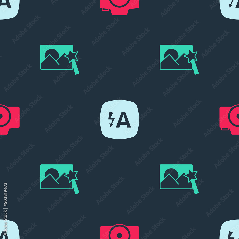 Poster set photo camera, auto flash and retouching on seamless pattern. vector
