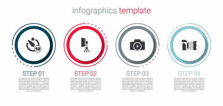 Set Camera timer, Softbox light, Photo camera and . Business infographic template. Vector