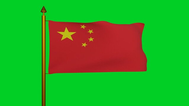 Flag of China waving 3D Render with flagpole on chroma key, National Flag of the Peoples Republic of China, Five-starred Red Flag, Chinese Communist Revolution. High quality 4k footage