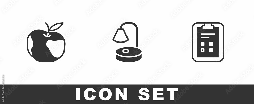 Poster set apple, table lamp and exam sheet with check mark icon. vector