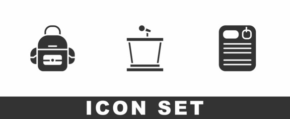 Set School backpack, Stage stand and Dossier folder icon. Vector