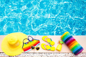 Pool and beach items flat lay. Summer vacation.