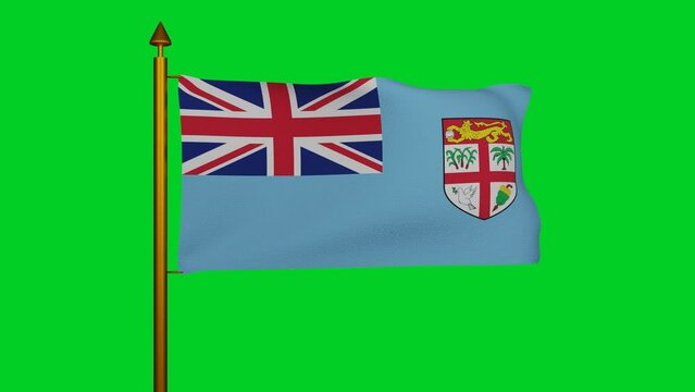 National flag of Fiji waving 3D Render with flagpole on chroma key, Republic of Fiji flag textile designed Tessa Mackenzie, coat of arms Fiji independence day. High quality 4k footage