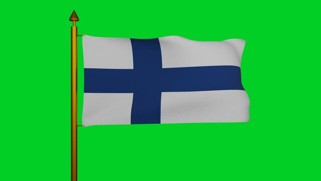 National flag of Finland waving 3D Render with flagpole on chroma key, Suomen lippu or Finlands flagga and Siniristilippu used Nordic cross, Finnish flag has Scandinavian cross. 4k footage