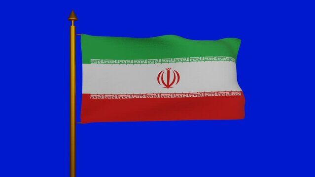 National flag of Iran waving 3D Render with flagpole on chroma key, Islamic Republic of Iran flag textile designed by Hamid Nadimi, coat of arms Iran independence day. High quality 4k footage