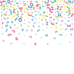 Falling colorful messy numbers. Math study concept with flying digits. Juicy back to school mathematics banner on white background. Falling numbers vector illustration.