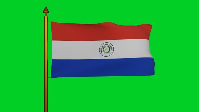 National flag of Paraguay waving 3D Render with flagpole on chroma key, Republic of Paraguay flag textile or Paraguayan flag, coat of arms Paraguay independence day, bandera de Paraguay. 4k footage