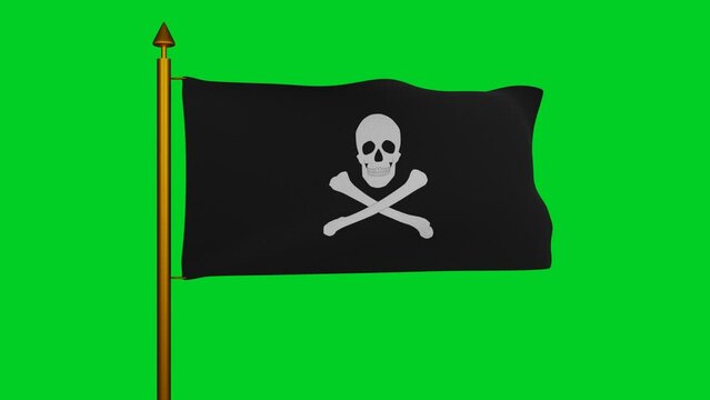 Jolly Roger or pirate ship flag waving 3D Render with flagpole on chroma key, pirate ship flag in Golden Age of Piracy, skull and crossbones, Pirates of the Caribbean sea and Black Pearl. 4k footage