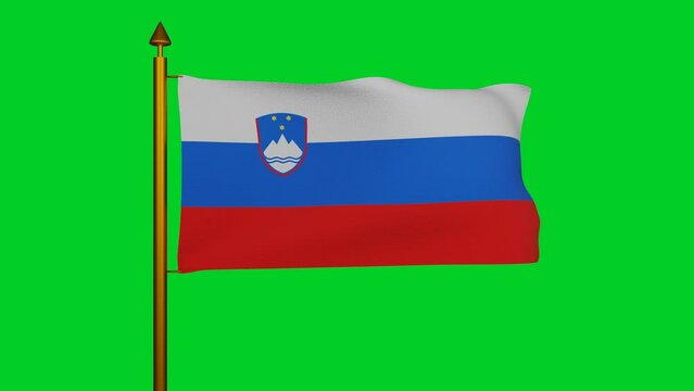 National flag of Slovenia waving 3D Render with flagpole on chroma key, Republic of Slovenia flag textile, slovene zastava Slovenije, coat of arms Slovenia independence day, Slovene tricolor. 4k