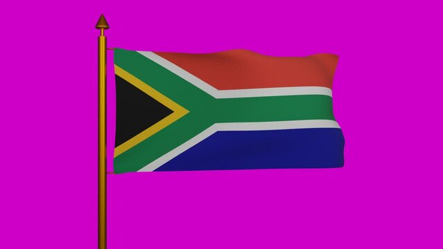 National flag of South Africa waving 3D Render with flagpole on chroma key, Republic of South Africa flag textile Designed by Frederick Brownell, coat of arms South Africa independence day. 4k footage