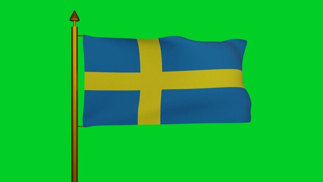 National flag of Sweden waving 3D Render with flagpole on chroma key, Sveriges flagga with yellow Nordic cross, Swedish flag. High quality 4k footage