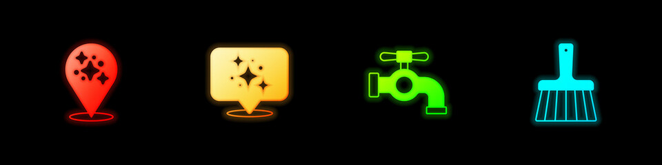 Set Home cleaning service, , Water tap and Handle broom icon. Vector