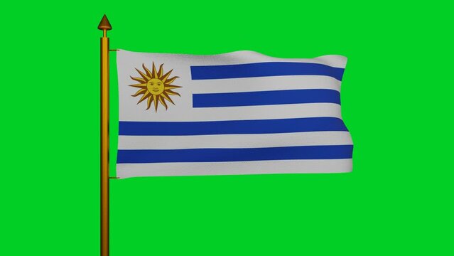 National flag of Uruguay waving 3D Render with flagpole on chroma key, Oriental Republic of Uruguay flag textile by Joaquin Suarez, coat of arms Uruguay independence day, Pabellon Nacional. 4k footage