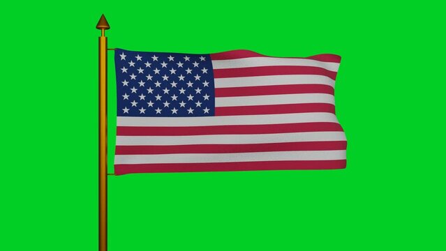 National flag of United States of America 3D Render with flagpole on chroma key, American or U.S. flag textile, USA flag uncle sam or big brother. High quality 4k footage