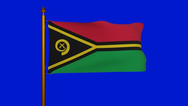 National flag of Vanuatu waving 3D Render with flagpole on chroma key, Republic of Vanuatu flag textile by Kalontas Mahlon, coat of arms Vanuatu independence day, Bislama flaeg blong Vanuatu. 4k