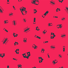 Set Tourist tent, Photo camera, Centipede insect and Flashlight on seamless pattern. Vector