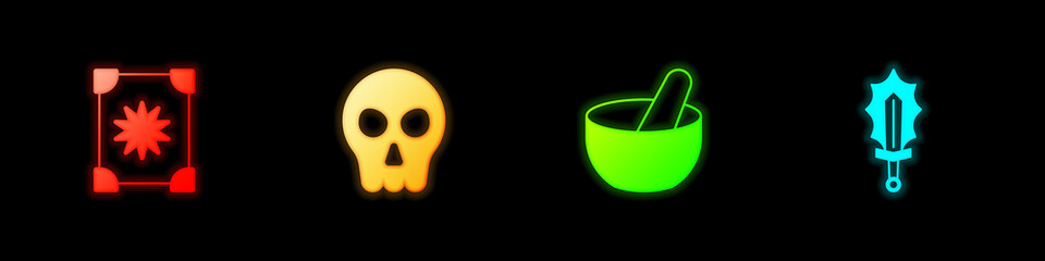 Set Ancient magic book, Skull, Witch cauldron and Magic sword in fire icon. Vector