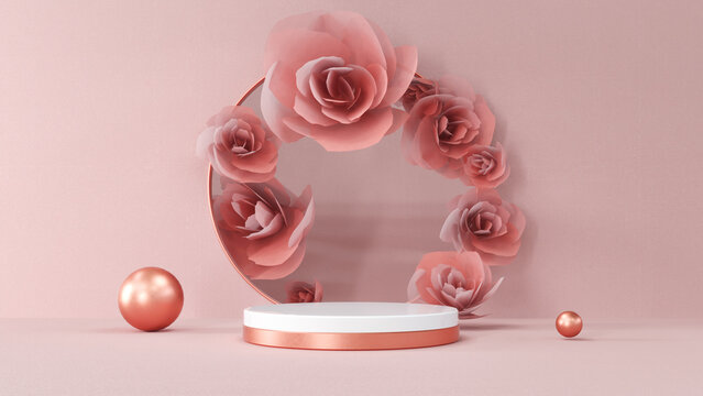 Composition with round scene podium geometry with flowers. Abstract Pastel pink geometric blank platform. Empty showcase pedestal product display for cosmetic presentation. 3d Rendering