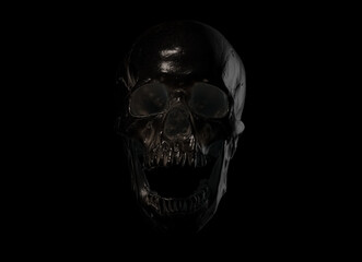 Silhouette of a human anatomical skull, full face with open jaw. Dark background. Concept art of death, horror, print, poster. Symbol of spooky Halloween, Virus, immortal. 3d rendering illustration.