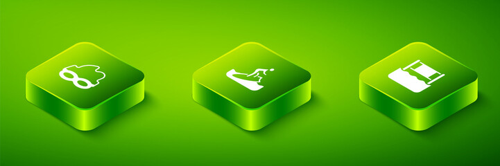 Set Isometric Surfboard, Water volleyball net and Glasses for swimming icon. Vector