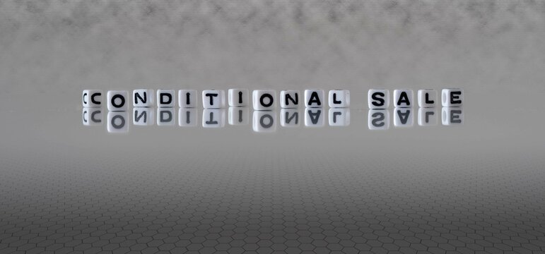 conditional sale word or concept represented by black and white letter cubes on a grey horizon background stretching to infinity