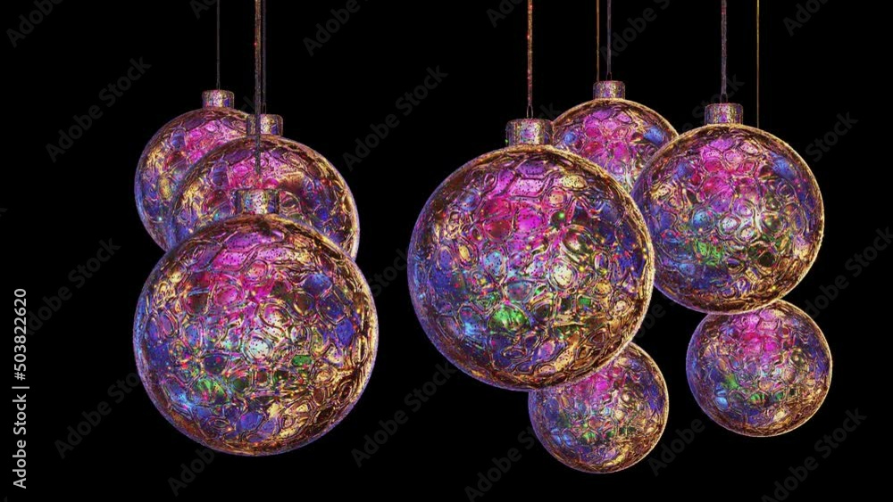 Poster realistic looping 3d animation of the hanging spinning fancy textured iridescent golden christmas ba